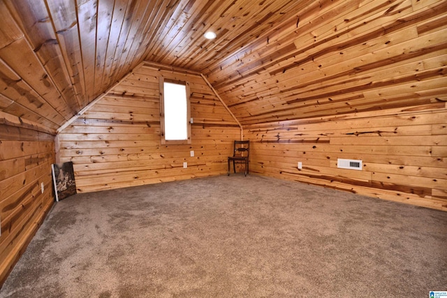 100 Weeping Cir, Wilsonville, AL 35186 - bonus room featuring wooden walls, vaulted ceiling, wooden ceiling, and carpet flooring