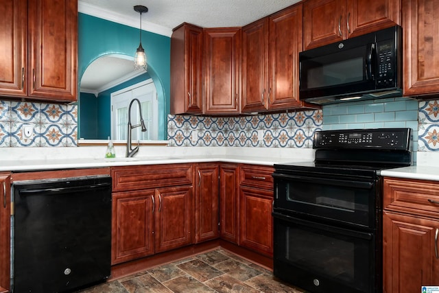 220 Honeysuckle Ln, Gardendale, AL 35071 - kitchen with black appliances, crown molding, a sink, light countertops, and tasteful backsplash