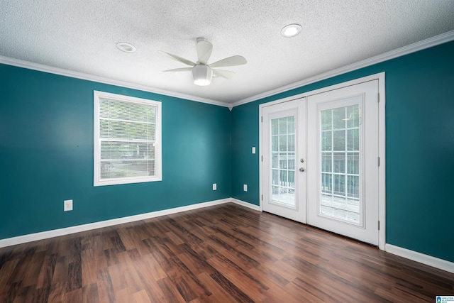 220 Honeysuckle Ln, Gardendale, AL 35071 - empty room with french doors, a textured ceiling, ornamental molding, baseboards, and wood finished floors