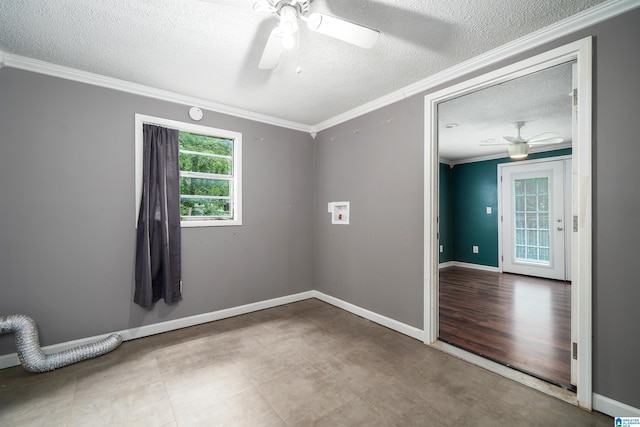 220 Honeysuckle Ln, Gardendale, AL 35071 - spare room with ceiling fan, a textured ceiling, ornamental molding, and baseboards