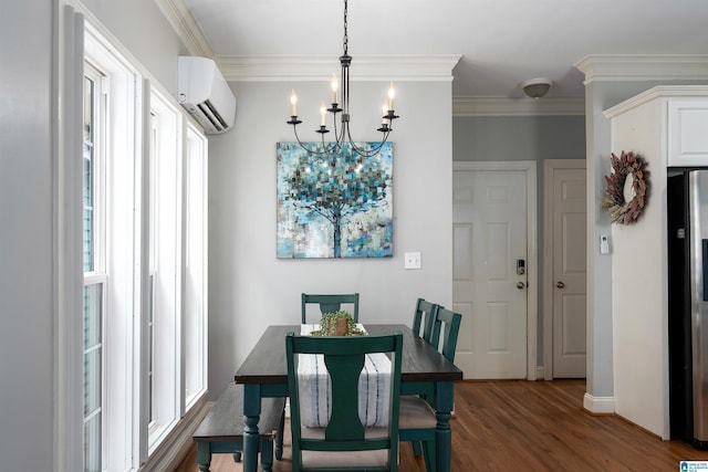 145 Lake Davidson Ln, Helena, AL 35080 - dining room with an AC wall unit, a chandelier, wood finished floors, and ornamental molding