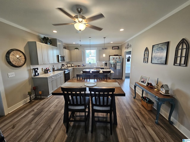 345 Easonville Park Dr, Cropwell, AL 35054 - dining room with dark wood-style floors, baseboards, ceiling fan, ornamental molding, and recessed lighting