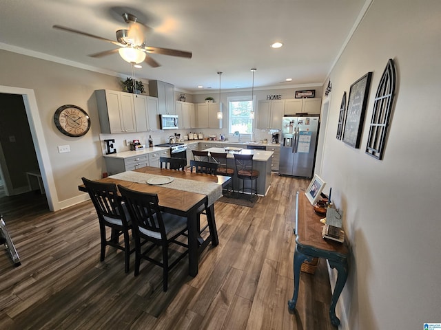 345 Easonville Park Dr, Cropwell, AL 35054 - dining area featuring dark wood-style floors, ornamental molding, a ceiling fan, recessed lighting, and baseboards