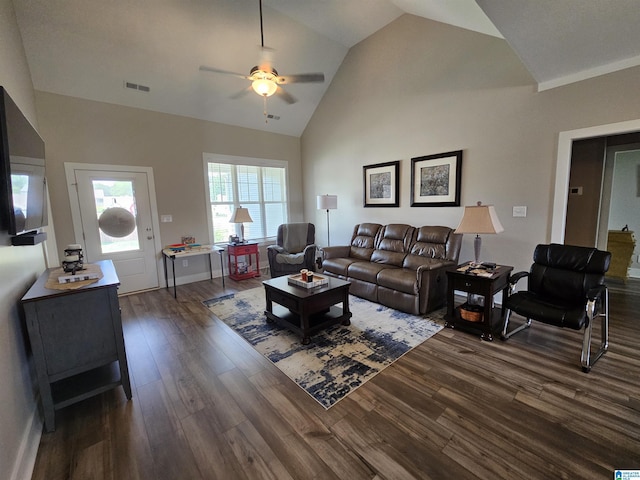 345 Easonville Park Dr, Cropwell, AL 35054 - living room featuring a ceiling fan, dark wood-style flooring, and high vaulted ceiling