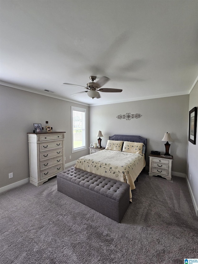 345 Easonville Park Dr, Cropwell, AL 35054 - bedroom featuring ornamental molding, carpet flooring, baseboards, and a ceiling fan