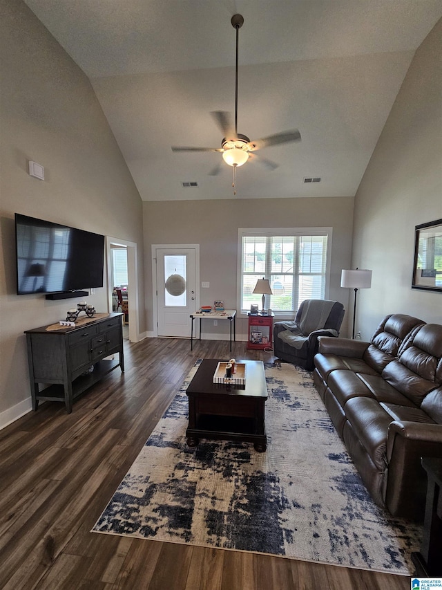 345 Easonville Park Dr, Cropwell, AL 35054 - living room featuring dark wood-style floors, ceiling fan, high vaulted ceiling, and baseboards