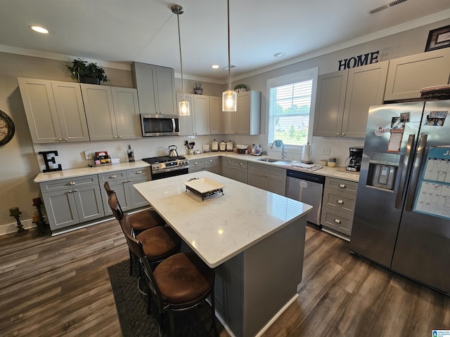 345 Easonville Park Dr, Cropwell, AL 35054 - kitchen featuring stainless steel appliances, gray cabinetry, crown molding, a sink, and tasteful backsplash