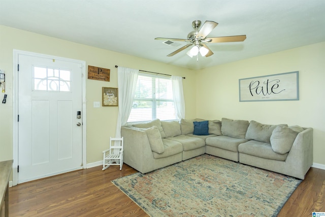 209 Meadowgreen Dr, Montevallo, AL 35115 - living area featuring wood finished floors, plenty of natural light, ceiling fan, and baseboards