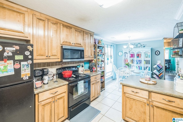 736 Buena Vista Loop, Prattville, AL 36067 - kitchen featuring black appliances, crown molding, light countertops, light tile patterned floors, and backsplash