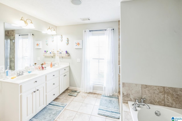 736 Buena Vista Loop, Prattville, AL 36067 - full bath with double vanity, a bath, tile patterned floors, and a shower with shower door