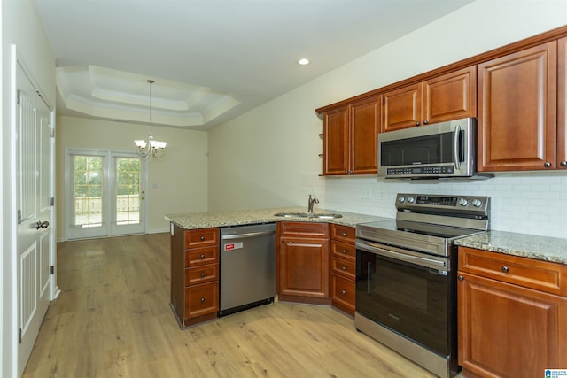 2449 Ridgemont Dr, Birmingham, AL 35244 - kitchen featuring appliances with stainless steel finishes, a sink, a chandelier, a peninsula, and tasteful backsplash