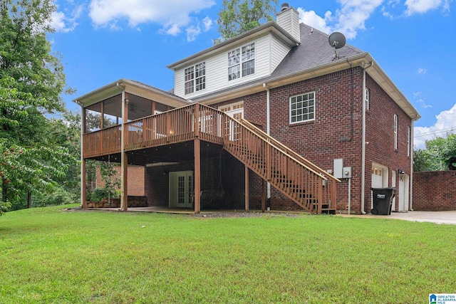 7805 Rock Creek Cir, Bessemer, AL 35023 - back of property with a garage, a lawn, french doors, a chimney, and a deck