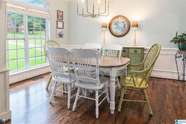 7805 Rock Creek Cir, Bessemer, AL 35023 - dining area featuring healthy amount of natural light, dark wood-style floors, a wainscoted wall, and a chandelier