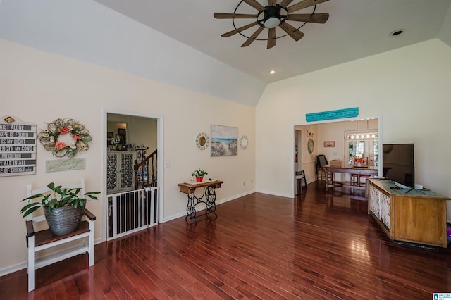 1121 Colonial Dr, Alabaster, AL 35007 - living room with ceiling fan, vaulted ceiling, wood finished floors, recessed lighting, and baseboards