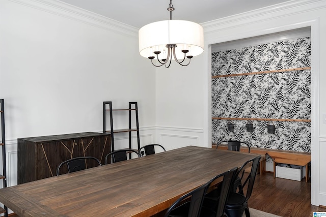 2032 Forest Meadows Cir, Birmingham, AL 35242 - dining space with a chandelier, crown molding, wood finished floors, and a wainscoted wall
