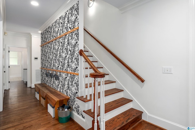 2032 Forest Meadows Cir, Birmingham, AL 35242 - staircase with ornamental molding, wood finished floors, and recessed lighting