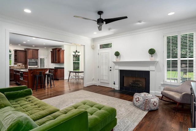 2032 Forest Meadows Cir, Birmingham, AL 35242 - living area with a ceiling fan, dark wood finished floors, a fireplace, crown molding, and recessed lighting