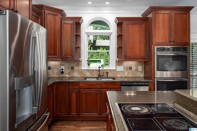 2032 Forest Meadows Cir, Birmingham, AL 35242 - kitchen with stainless steel appliances, open shelves, dark stone countertops, backsplash, and dark wood finished floors