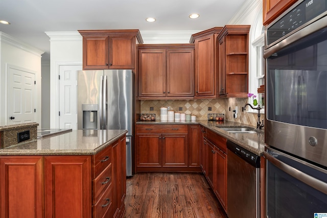 2032 Forest Meadows Cir, Birmingham, AL 35242 - kitchen with stainless steel appliances, ornamental molding, open shelves, dark wood-style floors, and dark stone counters