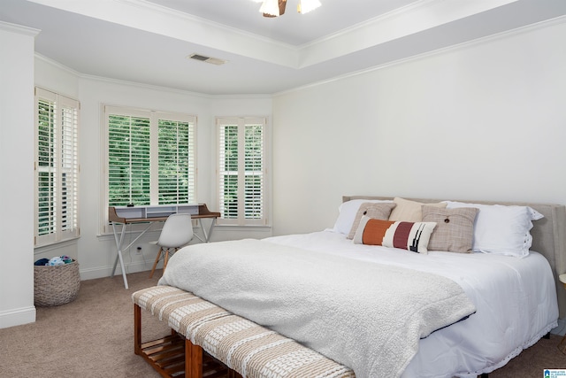 2032 Forest Meadows Cir, Birmingham, AL 35242 - bedroom featuring carpet flooring, multiple windows, crown molding, and a raised ceiling