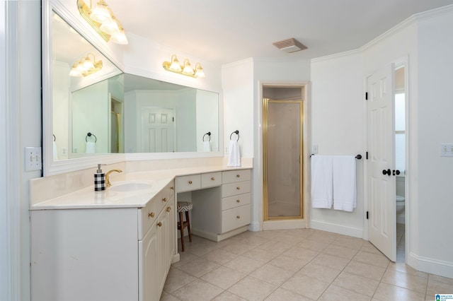 2032 Forest Meadows Cir, Birmingham, AL 35242 - full bathroom featuring vanity, a shower stall, tile patterned flooring, and ornamental molding