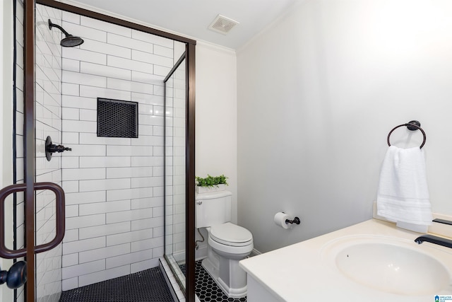 2032 Forest Meadows Cir, Birmingham, AL 35242 - bathroom featuring a stall shower, vanity, crown molding, and tile patterned flooring