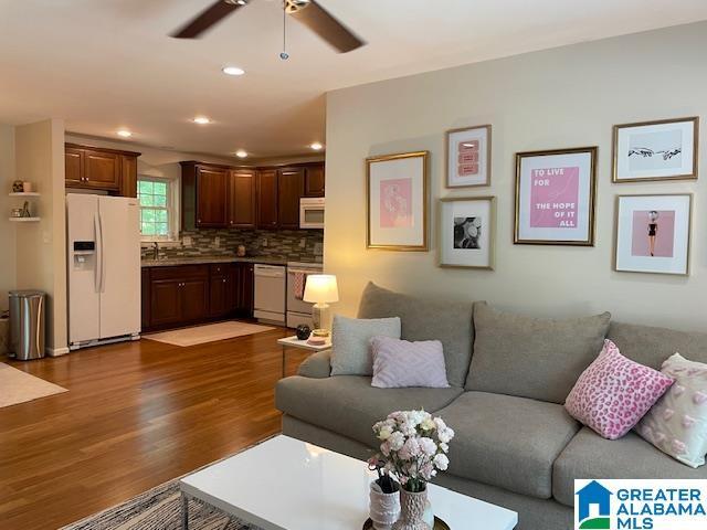 2213 Montreat Cir Unit D, Vestavia Hills, AL 35216 - living room featuring ceiling fan, dark wood-style flooring, and recessed lighting