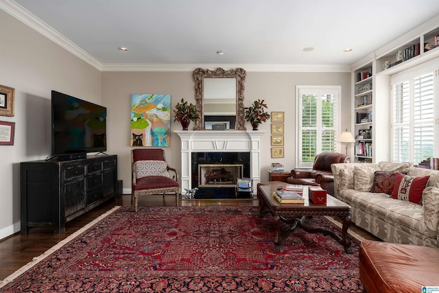 5601 Canongate Ln, Birmingham, AL 35242 - living room with wood finished floors, crown molding, a premium fireplace, baseboards, and recessed lighting