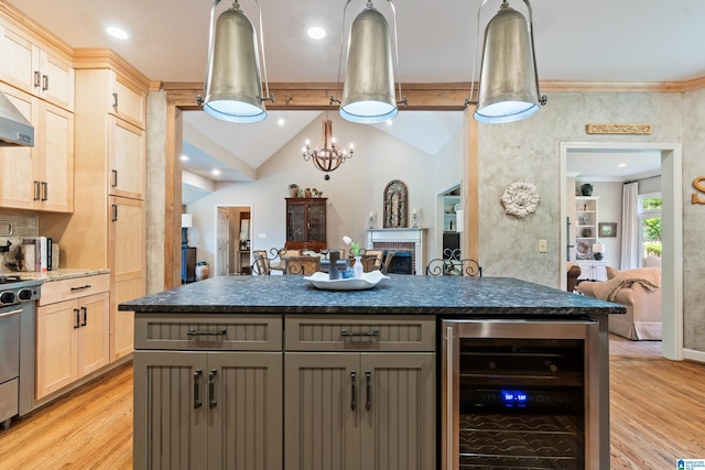 3420 Danner Cir, Vestavia Hills, AL 35243 - kitchen featuring wine cooler, dark countertops, light brown cabinets, light wood-style floors, and recessed lighting