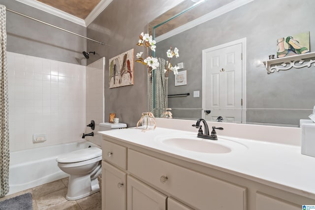 3420 Danner Cir, Vestavia Hills, AL 35243 - full bathroom with shower / tub combo with curtain, crown molding, vanity, toilet, and tile patterned floors