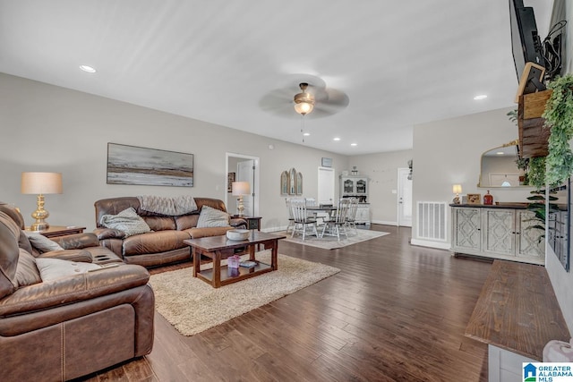 2597 Blake Way, Warrior, AL 35180 - living room with ceiling fan, dark wood-style flooring, recessed lighting, and baseboards