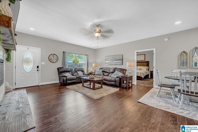 2597 Blake Way, Warrior, AL 35180 - living room with a ceiling fan, dark wood-style floors, baseboards, and recessed lighting