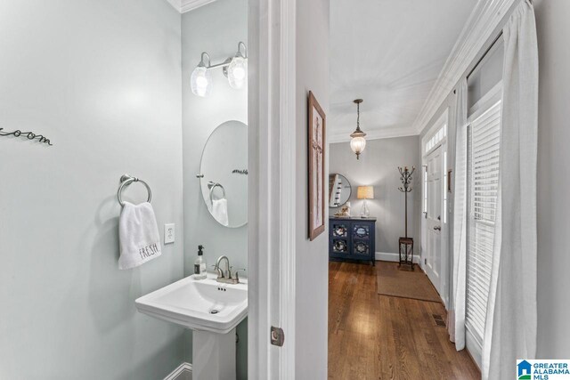 1505 Cypress Ln, Hoover, AL 35244 - bathroom with ornamental molding, wood finished floors, and baseboards