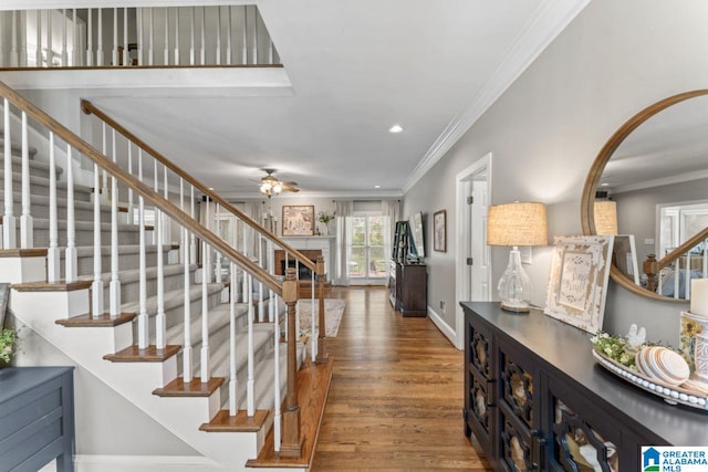 1505 Cypress Ln, Hoover, AL 35244 - foyer featuring stairway, ornamental molding, a ceiling fan, wood finished floors, and baseboards