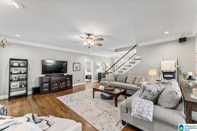 1505 Cypress Ln, Hoover, AL 35244 - living room with stairway, baseboards, recessed lighting, ceiling fan, and ornamental molding