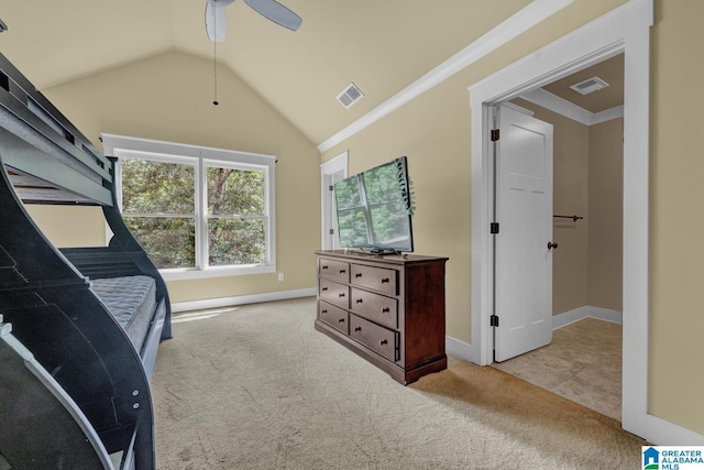 101 N Lake Dr, Hoover, AL 35242 - bedroom with carpet, vaulted ceiling, a ceiling fan, and ornamental molding
