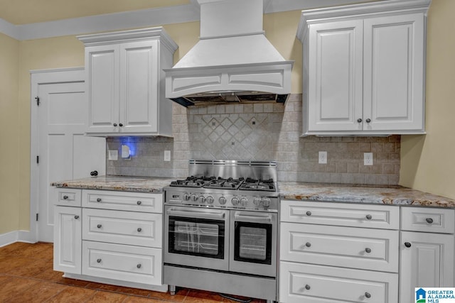 101 N Lake Dr, Hoover, AL 35242 - kitchen featuring double oven range, custom exhaust hood, and white cabinets