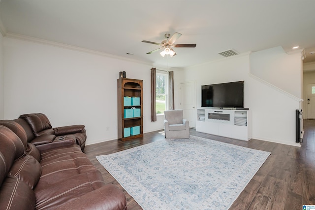1063 Timberline Rdg, Calera, AL 35040 - living area with a ceiling fan, crown molding, dark wood-style flooring, recessed lighting, and baseboards