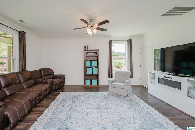 1063 Timberline Rdg, Calera, AL 35040 - living room featuring a ceiling fan, ornamental molding, and dark wood-style flooring