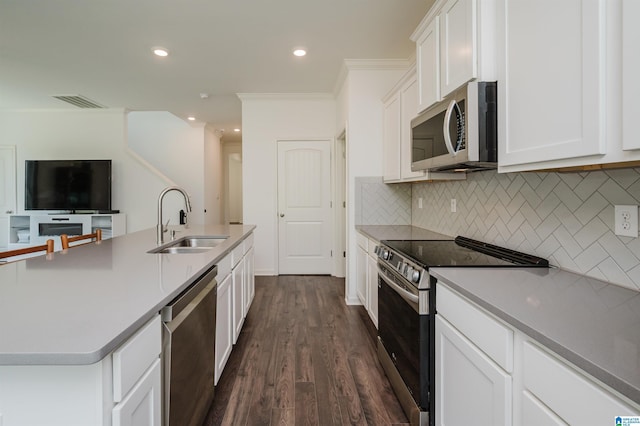 1063 Timberline Rdg, Calera, AL 35040 - kitchen featuring appliances with stainless steel finishes, a sink, ornamental molding, backsplash, and dark wood-style flooring
