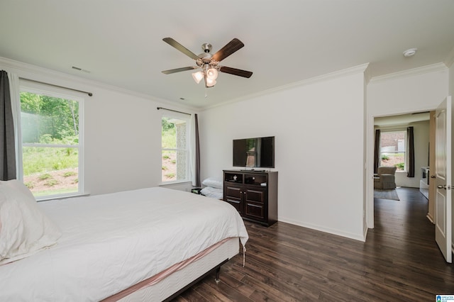 1063 Timberline Rdg, Calera, AL 35040 - bedroom featuring dark wood-type flooring, crown molding, baseboards, and ceiling fan