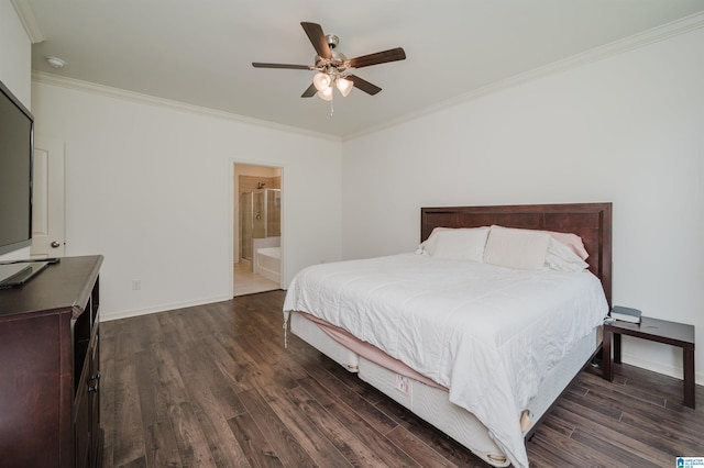 1063 Timberline Rdg, Calera, AL 35040 - bedroom with crown molding, dark wood-style floors, baseboards, ceiling fan, and ensuite bath