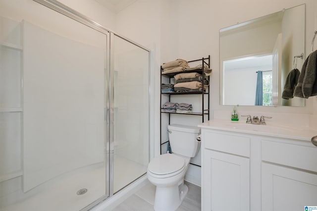 1063 Timberline Rdg, Calera, AL 35040 - bathroom featuring toilet, a stall shower, vanity, and tile patterned flooring