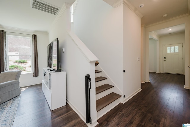 1063 Timberline Rdg, Calera, AL 35040 - staircase featuring crown molding, hardwood / wood-style floors, and baseboards