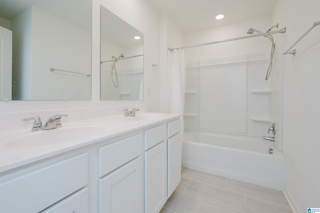 1063 Timberline Rdg, Calera, AL 35040 - bathroom featuring shower / tub combo with curtain, double vanity, tile patterned flooring, and recessed lighting