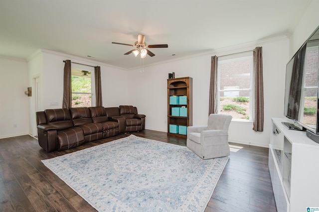 1063 Timberline Rdg, Calera, AL 35040 - living room with dark wood-style floors, ceiling fan, crown molding, and baseboards
