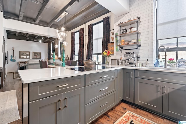 2201 1st Ave N Unit 300-C, Birmingham, AL 35203 - kitchen with gray cabinetry, a sink, black electric cooktop, open shelves, and wood finished floors