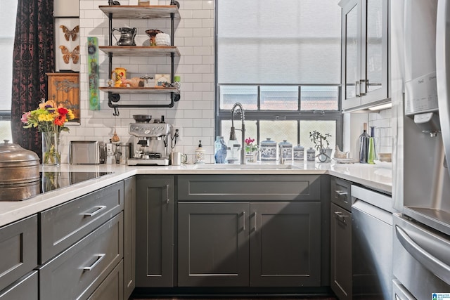 2201 1st Ave N Unit 300-C, Birmingham, AL 35203 - kitchen with a sink, tasteful backsplash, gray cabinets, and stainless steel appliances