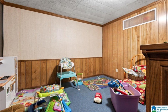117 Trafford Rd, Warrior, AL 35180 - recreation room with wooden walls, ornamental molding, and carpet floors