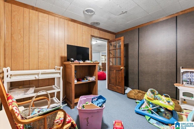 117 Trafford Rd, Warrior, AL 35180 - rec room with carpet, ornamental molding, and wooden walls